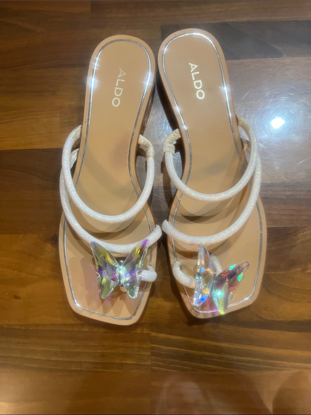 Aldo White Glitter Slide Sandals with Iridescent Butterfly Accents